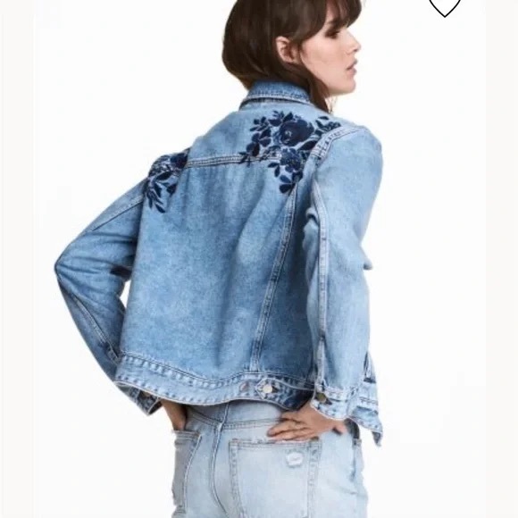 H&M Jackets & Blazers - H&M Women's Blue Denim Jacket with Floral Embroidery